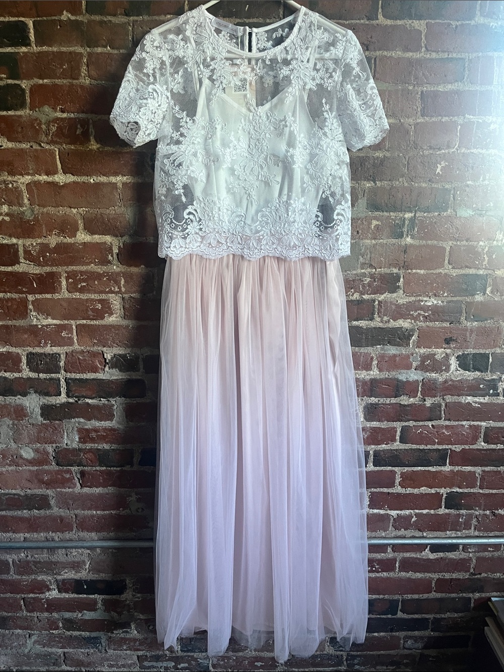 Lace Bodice Tulle Maxi Dress in White and Blush